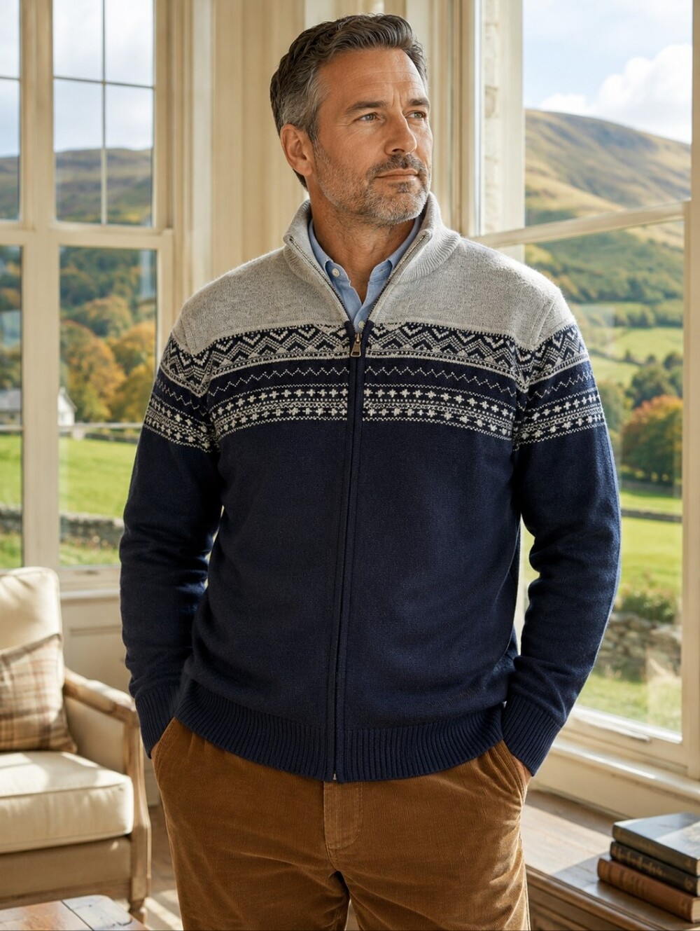 Refectory London 100% Lambswool Fair Isle Full Zip Sweater Men's XL
